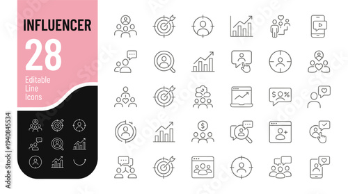Influencer marketing icons set including social media and growth symbols in line style