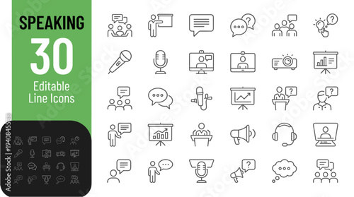 Collection of 30 editable line icons for speaking, communication, and business presentations