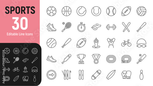 Collection of various sports icons and equipment in line art style for design use