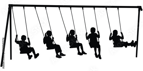 Children playground swing illustration, black silhouette design, outdoor play motif artwork, childhood activity symbol, social interaction motif, decorative artwork, flat vector drawing