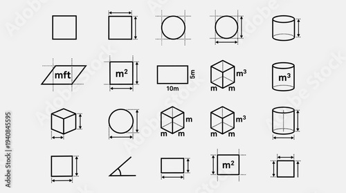Various geometric shapes and dimensions diagrams on for education