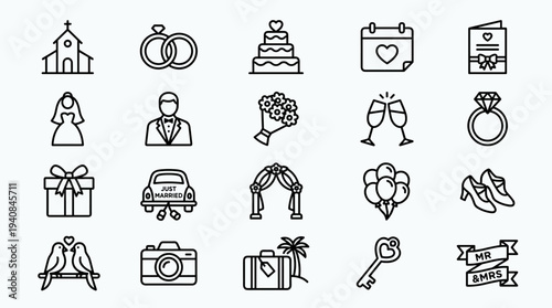Collection of wedding icons including rings, cake, gifts, and champagne in line art style