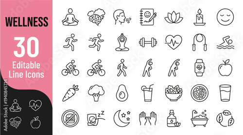 Collection of 30 editable line icons related to wellness and healthy lifestyle