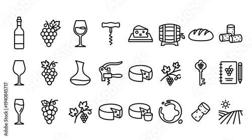Collection of wine and cheese icons including bottle, glass, grape, corkscrew, bread, cheese, and more
