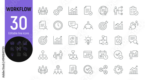 A set of thirty workflow icons in line style for business and productivity