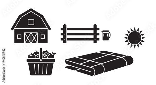 Farm and Agriculture Icons Set with Barn, Fence, Harvest Basket, Hay Bale and Sun Vector Silhouettes