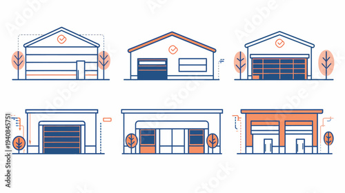 Collection of stylized warehouses and storage facilities with orange and blue accents on white