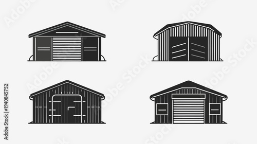 Monochrome illustration of four simple, different barn/garage style buildings with various opening styles