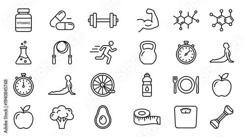 Clean and modern vector illustration featuring 28 minimalist food icons for diet plans, meal prep, and nutrition guides, scalable for apps, websites, and print.