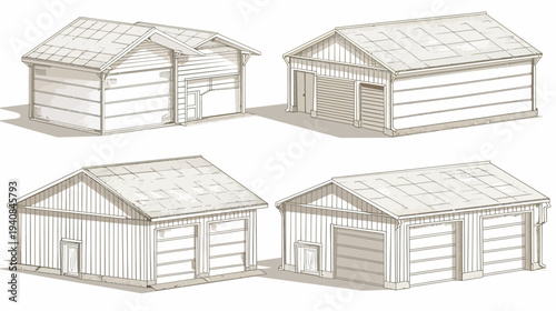 Four stylized grayscale drawings of wooden garages with different doors, roofs, and styles