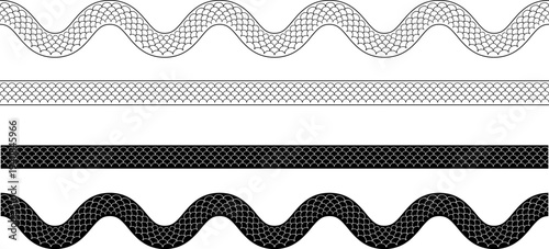 Set of decorative wavy and straight borders featuring intricate monochrome fish scale textures