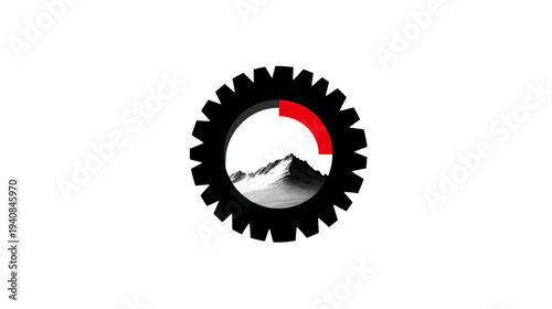 A black cogwheel surrounds a mountain scene with a red arc, all on a white background