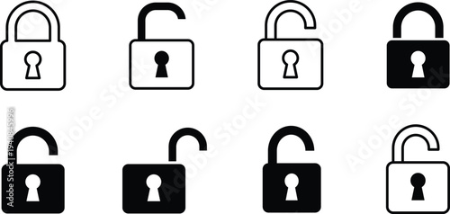 Collection of black and white padlock locked and unlocked states security symbol