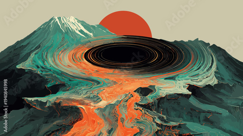 A stylized illustration depicting a mountain landscape with a fiery orange river flowing to a vortex