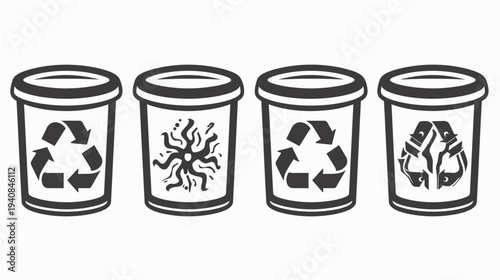 A row of four trash cans with different images. Recycling symbol in two.  Black and white