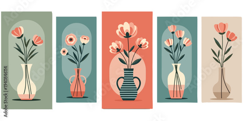 Flower vase arrangement illustration set, colorful background design, floral motif artwork, decorative bouquet symbol, artistic composition motif, home decor artwork, flat vector drawing