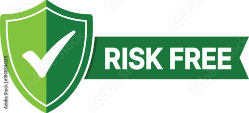 Green shield with white checkmark and green banner text risk free tick