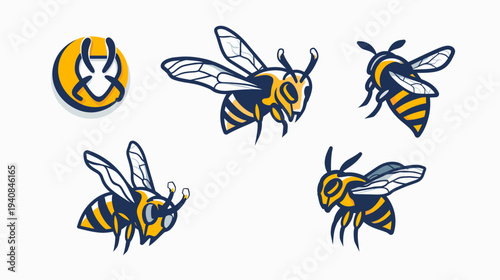 Set of yellow and black stylized insect illustrations, including a logo, on a white background