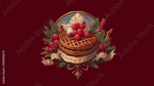 Artistic illustration of a stack of waffles, adorned with berries, whipped cream, & festive greenery on red