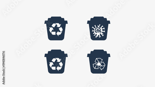 Four dark blue stylized waste receptacles with various white graphic fillings