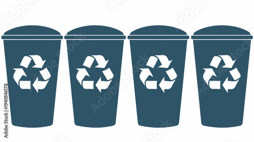 Four teal-colored recycling bins with white recycle symbols, standing in a row, on a white background