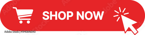 Red button with white shopping cart and cursor clicking shop now text