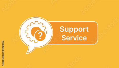 Orange speech bubble with gear and question mark next to support service text