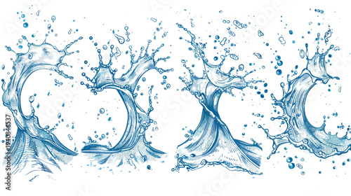 Artistic depiction of water splashes and droplets, rendered with detailed lines and shading