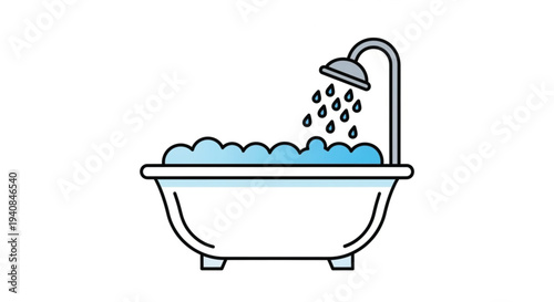 White bathtub filled with blue bubbles with water pouring from shower head