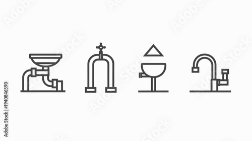 A collection of minimalist plumbing icons illustrating various fixtures and pipes, all in line art