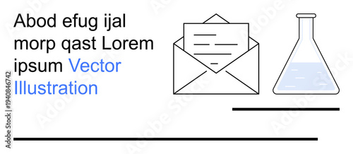 Education, scientific research, communication, mail services, laboratory, information sharing. ion of an envelope, a flask and placeholder text. Communication and scientific research concept
