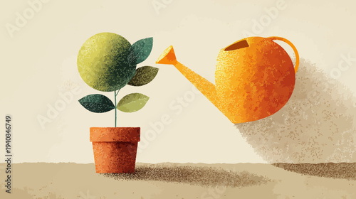 Illustration of plant being watered by a yellow watering can.  Shows a plant in a terracotta pot
