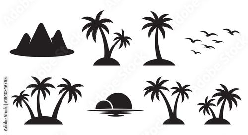 Tropical island getaway with palm trees and sunset