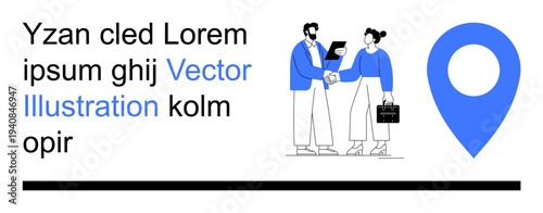 Teamwork, business partnerships, agreements, collaboration, navigation, workplace settings. Two people shaking hands with suitcases, accompanied by a blue location pin. Teamwork and business