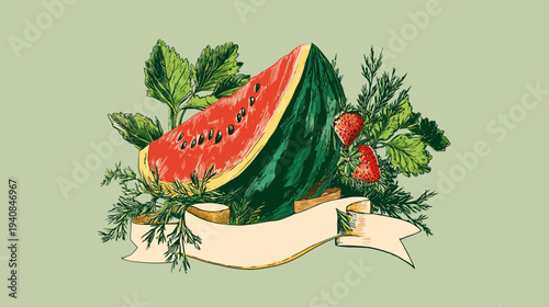 A hand-drawn illustration with a slice of watermelon, strawberries, leaves, and banner