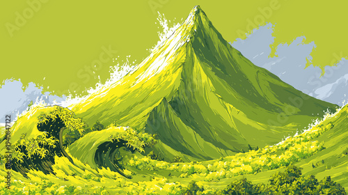 A vibrant, pixelated depiction of a mountain scene, with crashing waves, and a lush green landscape