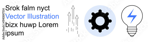 Business growth, innovation, technology, productivity, energy, process optimization. A gear, upward arrows and a lightning bolt inside a bulb. Growth and innovation concept