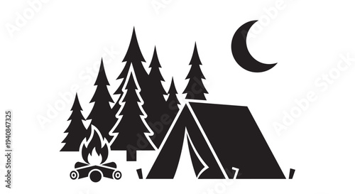 Camping under starry night sky in serene forest with tent and campfire