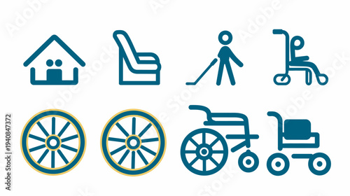 Icons representing care, mobility, and accessibility, featuring a house, chair, stick figure, and wheelchair