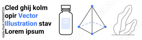 Healthcare, geometry, minimalism, creative design, pharmaceutical visuals, branding. Features a medicine bottle, geometric diagram and abstract leaf shape. Healthcare and geometry concept