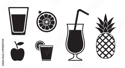 Fresh fruit juice icons set with various fruits and drinks