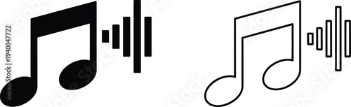 Set of 2 music note icons vector with sound waves, one solid black and one outline, representing audio, melody, and sound for web, app, or UI design.