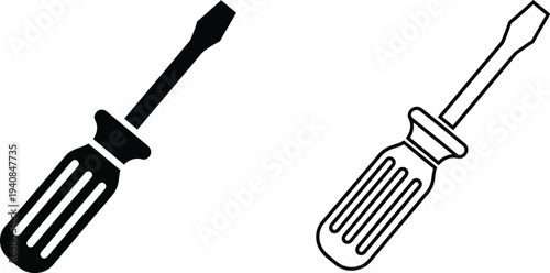 Flathead Screwdriver Icon Set Vector with Solid Black and Outline Versions for Repair, Construction, and Tool-Related Designs