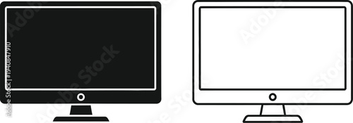 Set of 2 Flat Screen Monitor Icons Vector Illustration: One Solid Black and One Outline White Display for Technology, Computer, and Device Concepts