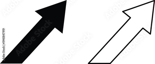 Set of 2 Upward Trending Arrow Icons Vector in Black Solid and Outline Styles for Business Growth and Directional Concepts