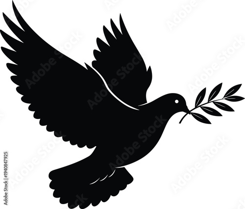 Minimalist black silhouette vector illustration of a single peace dove flying with an olive branch in its beak representing hope freedom and spirituality.