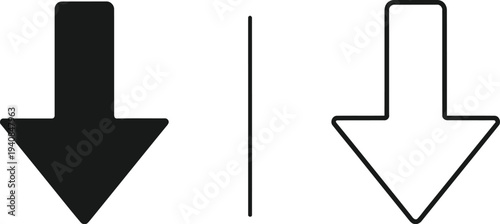Set of 2 simple black and white down arrow icons vector, one filled and one outlined, for download, navigation, or pointing direction