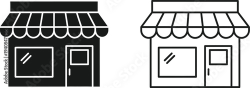 Minimalist shop house icons with awnings isolated on transparent background, Vector