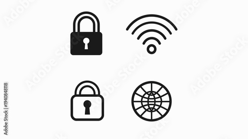 Black and white icons lock, WiFi, padlock, and globe. They are on a clean, plain white background