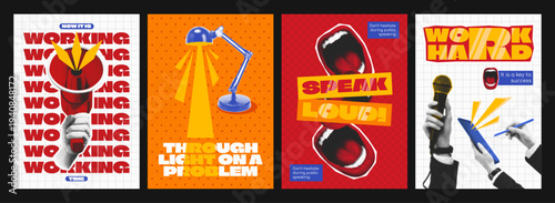 Bold business motivation halftone collage posters with megaphone, microphone and desk lamp. Retro pop art typography about working hard, public speaking and productivity success.
